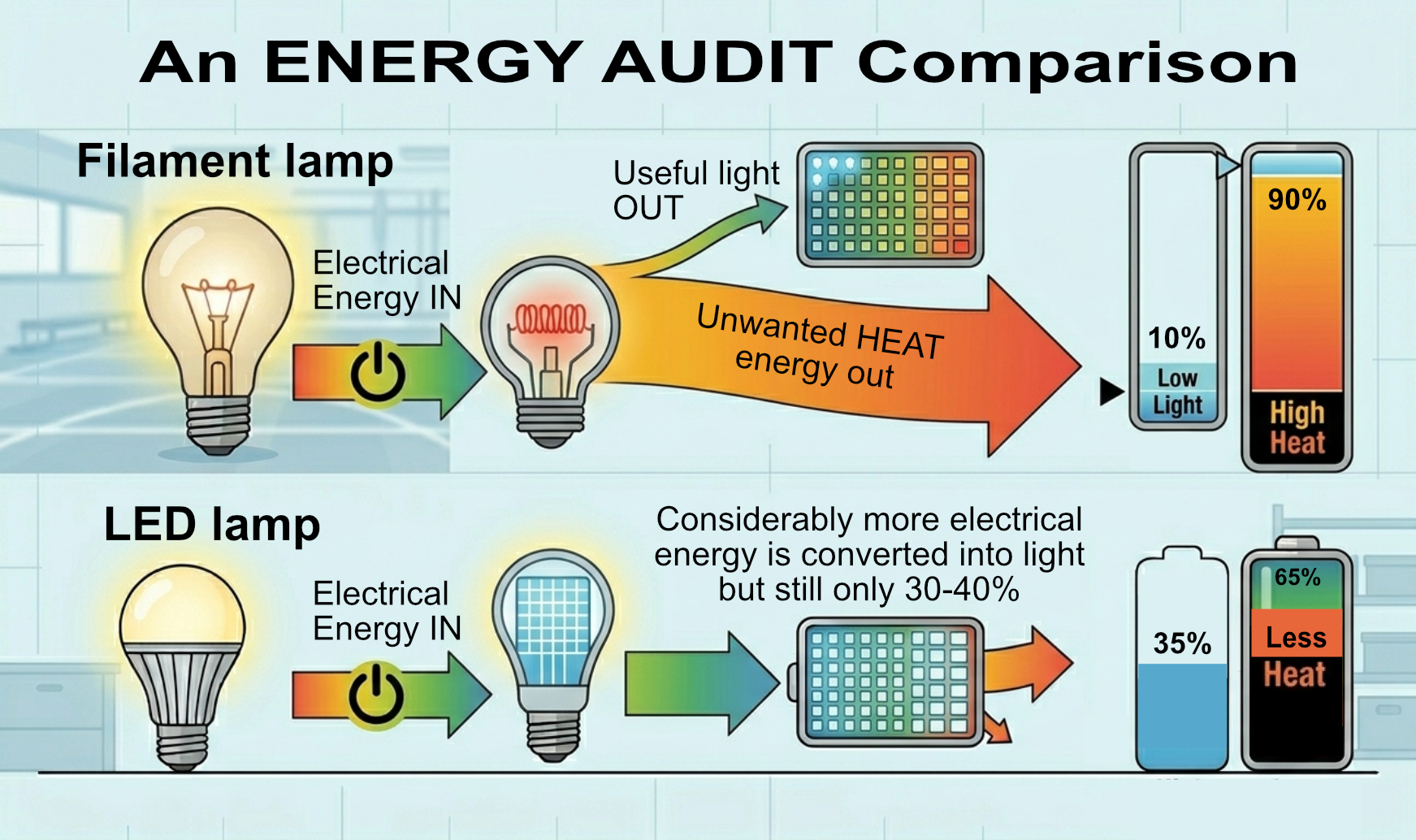 Energy audit comparison: ideal filament bulb converts all 100J electrical energy to light; real filament bulb converts 100J to only 10J light (10%) and 90J heat (90% wasted)