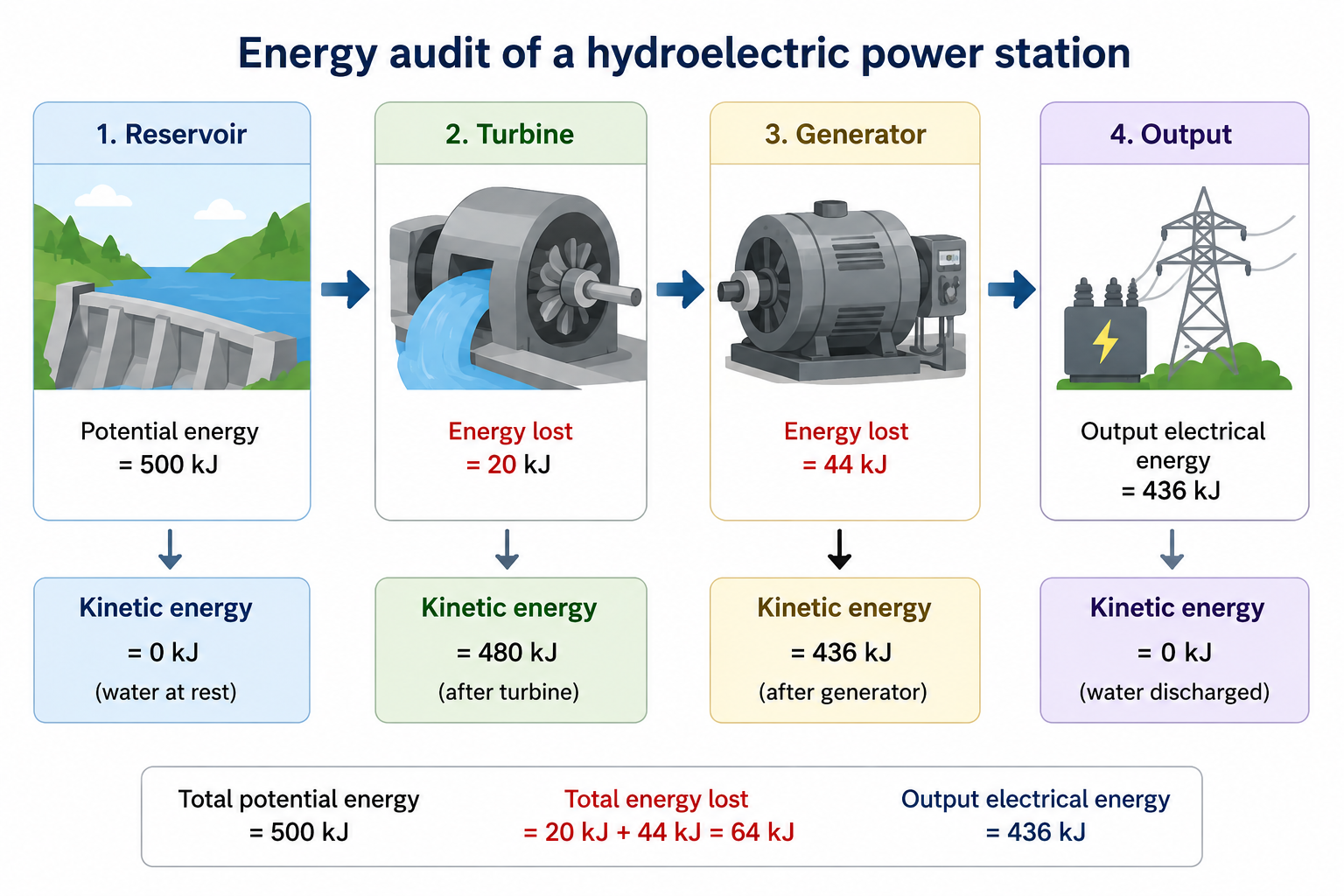 Energy audit of a hydroelectric power station: Reservoir 500kJ potential energy → Turbine (20kJ lost) → Generator (44kJ lost) → Output 436kJ electrical energy
