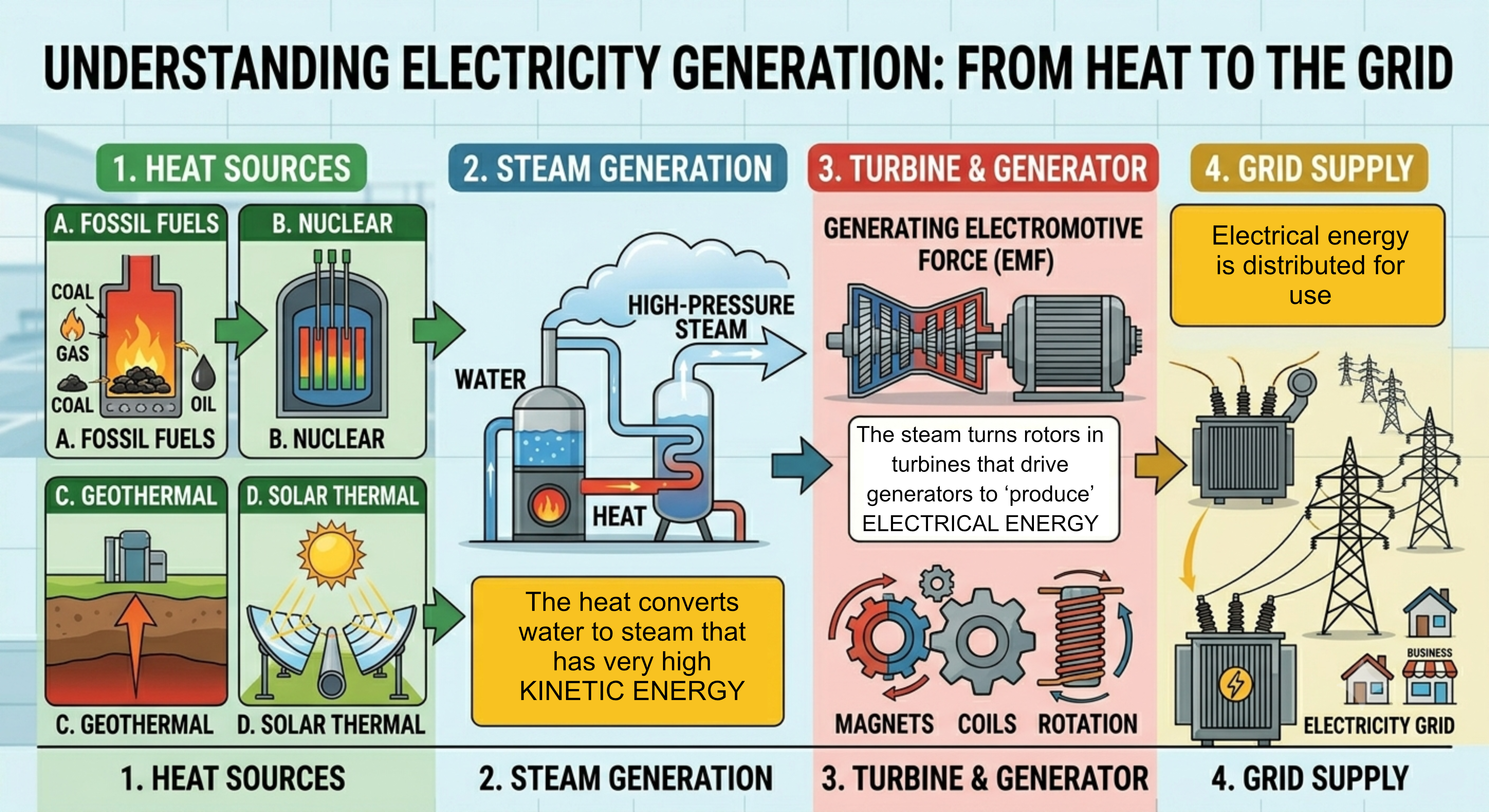 Electricity generation: Burn fuel → Heat water → Steam spins turbine → Generator → Electricity to grid
