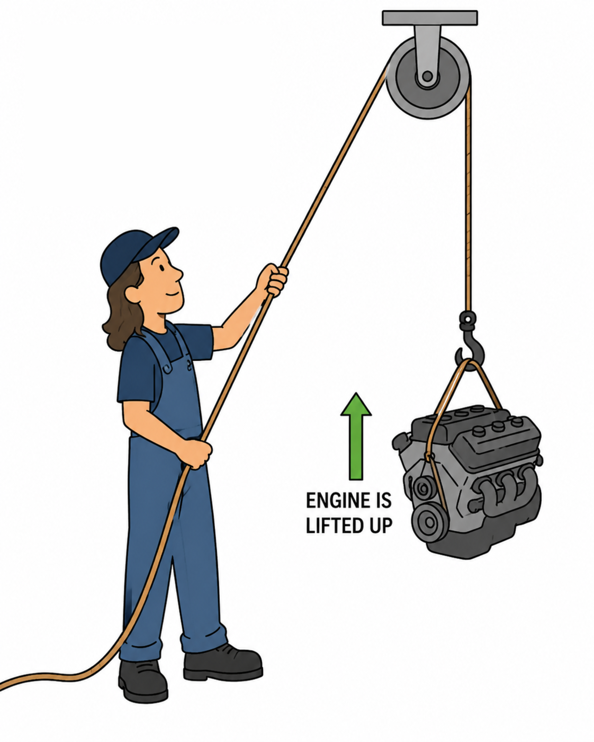 Mechanic pulling a rope over a pulley to lift a small engine out of a car