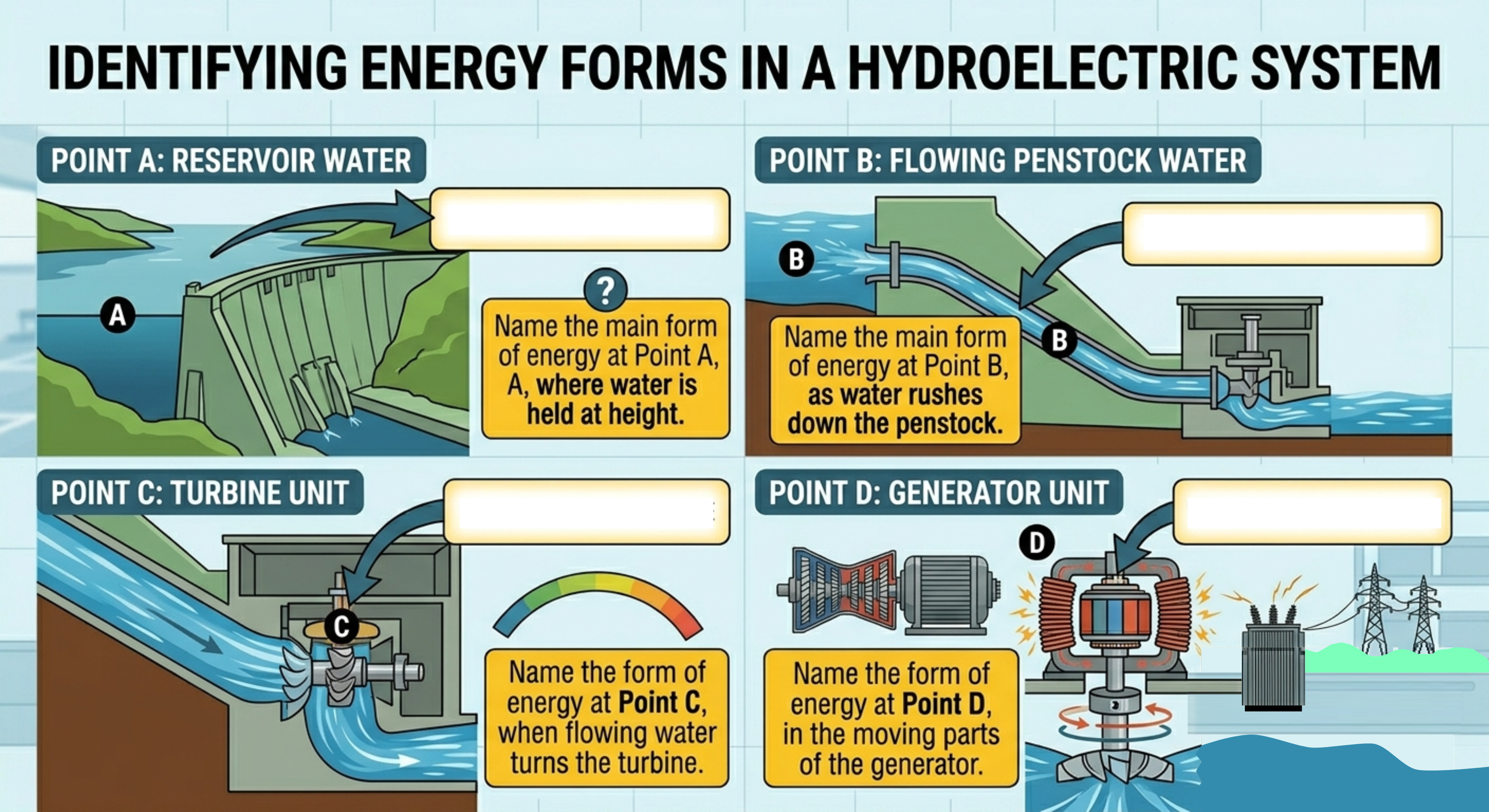 Hydroelectric system: identify energy forms at points A, B, C and D
