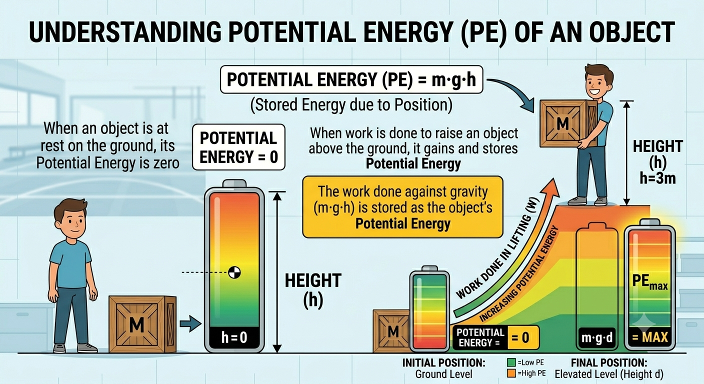 Understanding potential energy: object at height h stores energy E_p = mgh