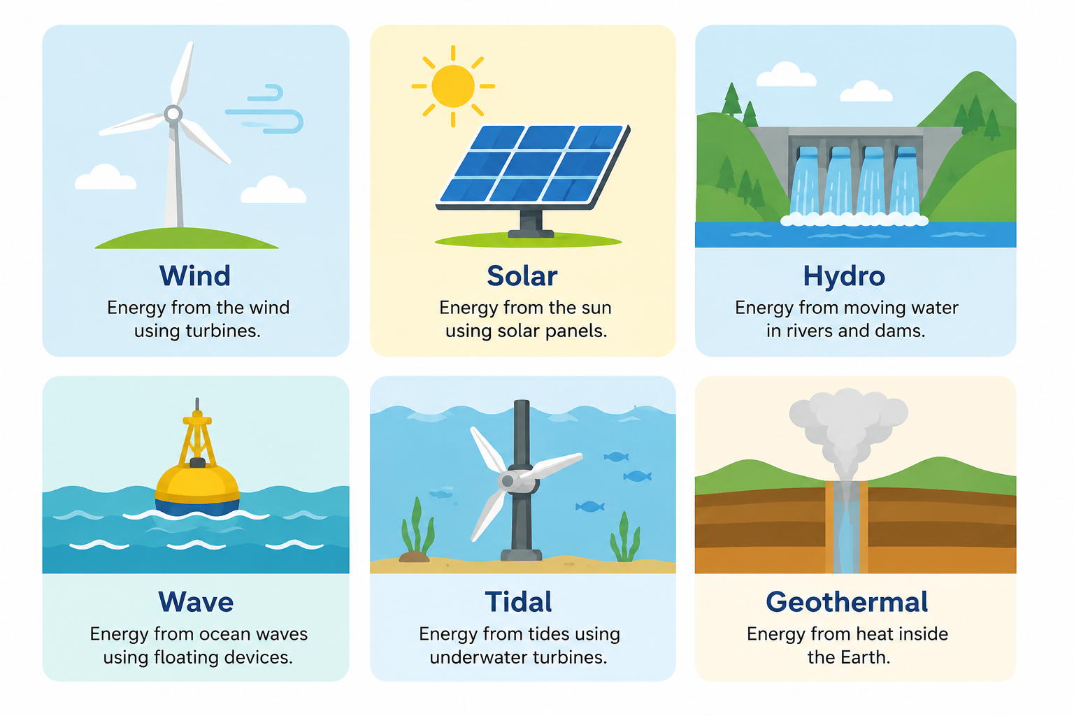 Six renewable energy sources: Wind (turbines), Solar (panels), Hydro (dams), Wave (buoys), Tidal (underwater turbines), Geothermal (steam from the Earth)