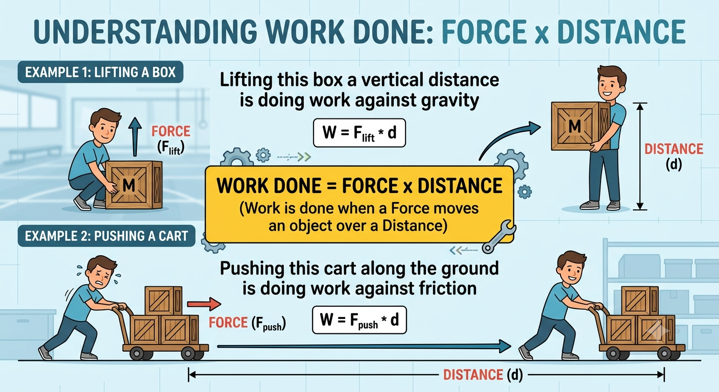 Diagram showing force F pushing a car over distance d