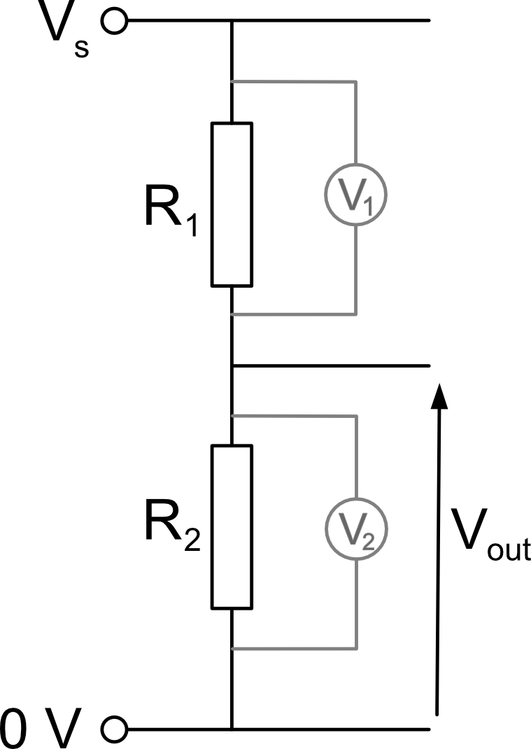 Generic voltage divider: Vs across R1 and R2 in series, with the output tapped between them and 0V at the bottom