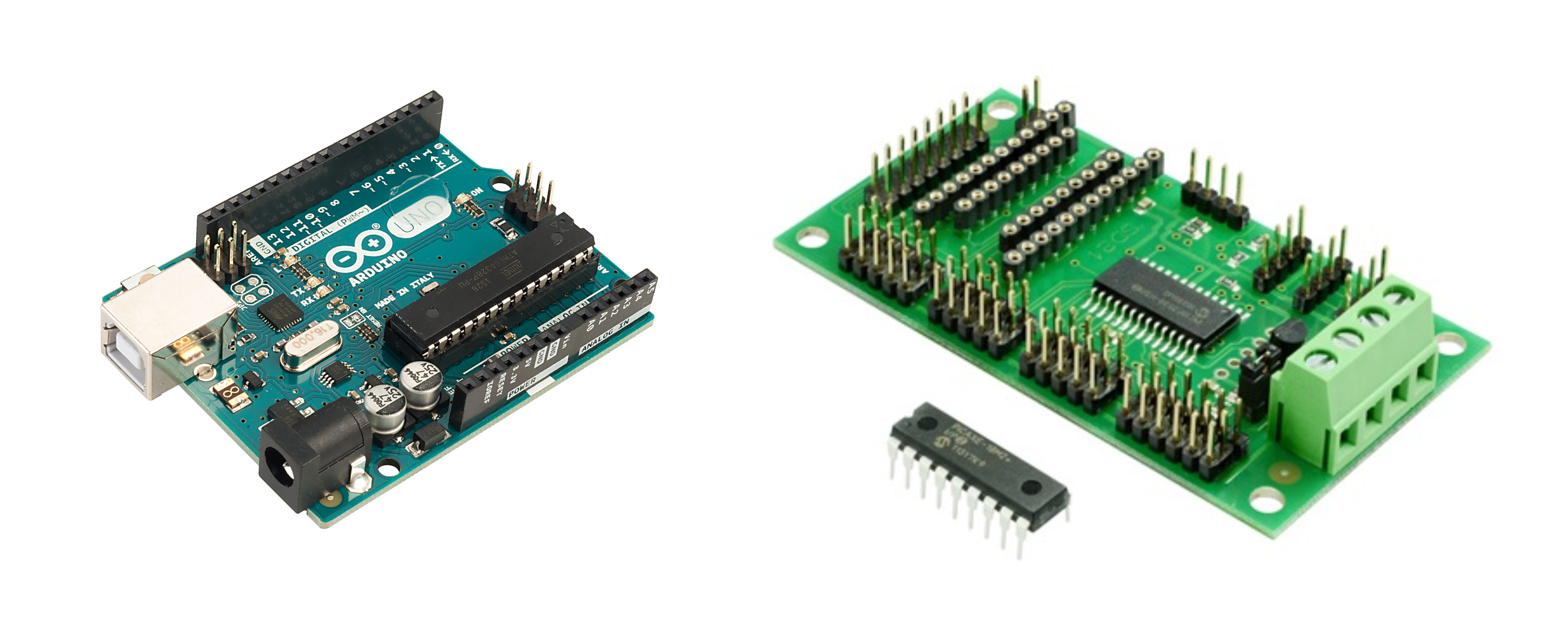 Photograph of physical microcontroller hardware: an Arduino Uno board on the left, and a PICAXE project board with a bare PICAXE chip on the right