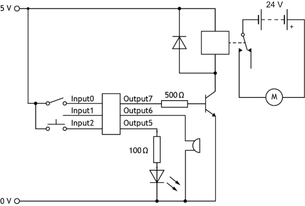 Transistor driver circuit connecting microcontroller output pin to a motor or buzzer