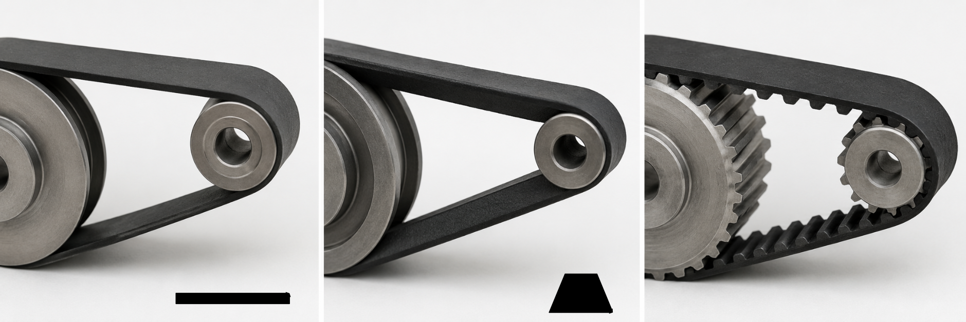 Photos of flat belt, V-belt and toothed belt showing differences in cross-section