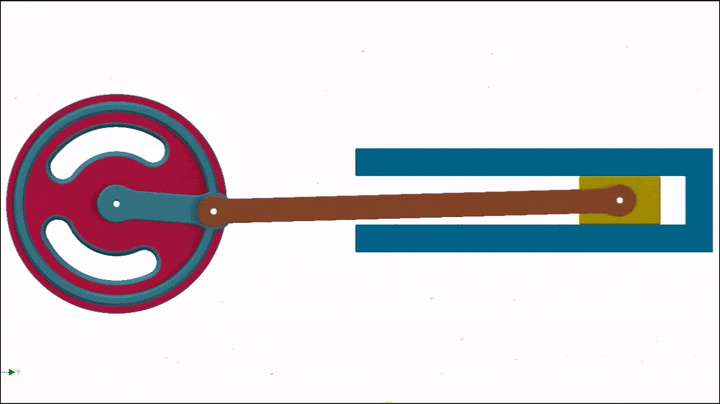 Animated crank and slider mechanism showing rotary motion converting to reciprocating motion