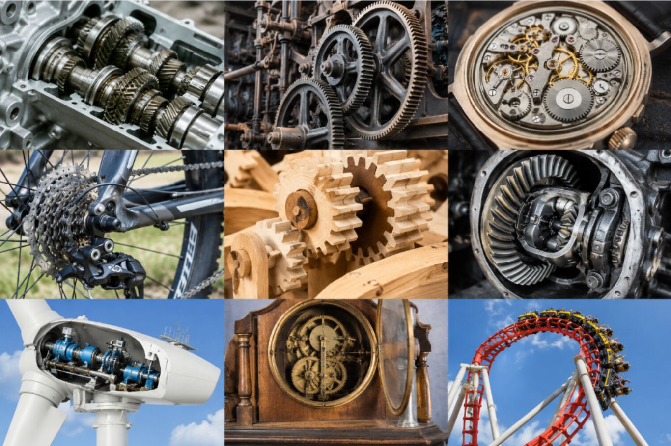 Real-life examples of gears — bicycle hub, electric screwdriver, clock mechanism
