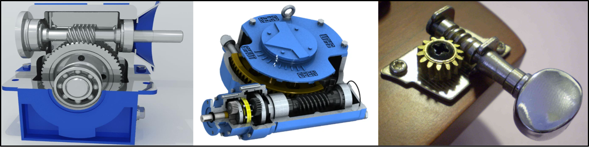 Real-life worm gear examples — guitar tuning peg, steering mechanism