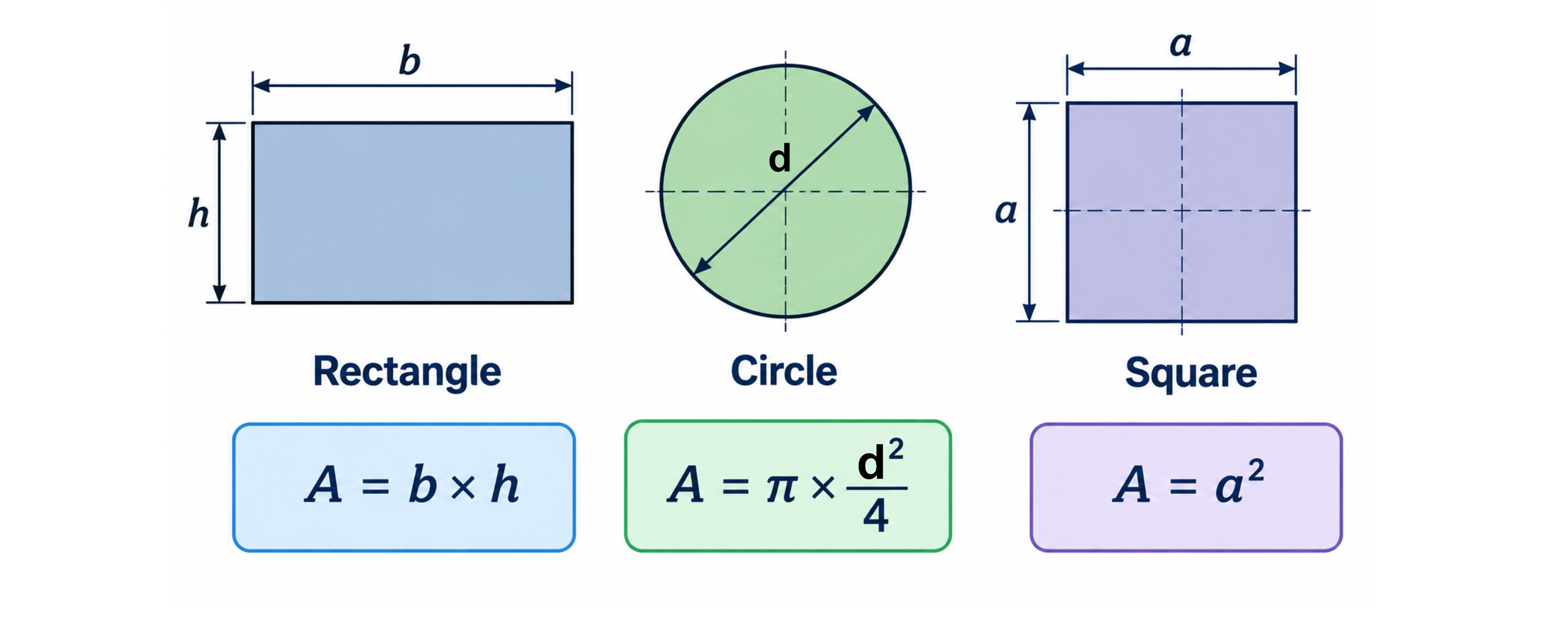 Area formulae for common cross-sections: rectangle A = b &times; h, circle A = &pi; &times; d&sup2; over 4, square A = a&sup2;