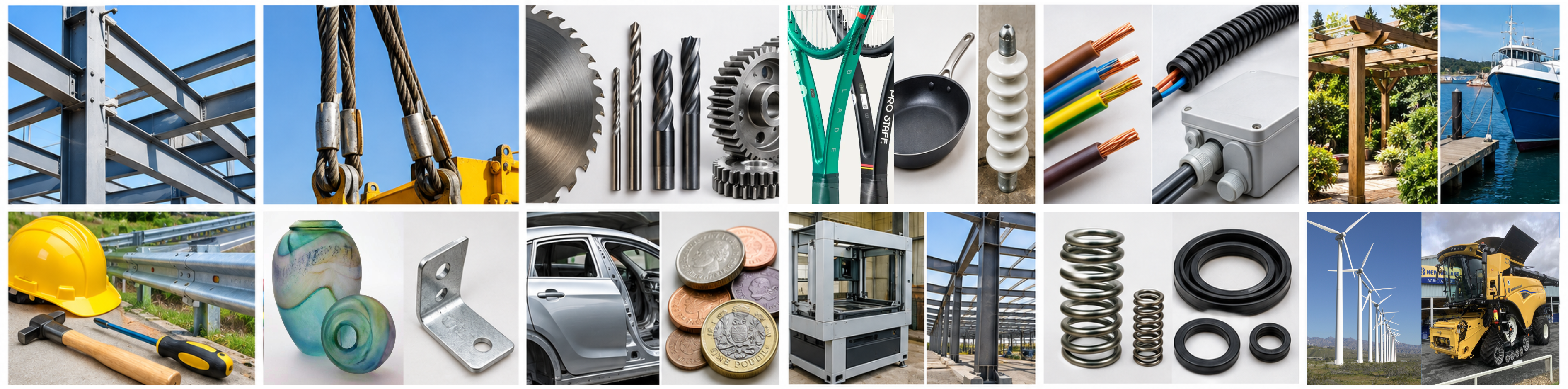 Photographs showing each property in use: steel frames and lifting cables (strength), cutting tools and gears (hardness), a hard hat and crash barrier (toughness), wiring (ductility), a bracket and car panels (malleability), springs and seals (elasticity), machine frames (stiffness), aircraft-style parts and pans (density and thermal conductivity), insulators and cable casing (electrical conductivity), a pergola and boat (corrosion resistance), and wind turbines and farm machinery (cost)