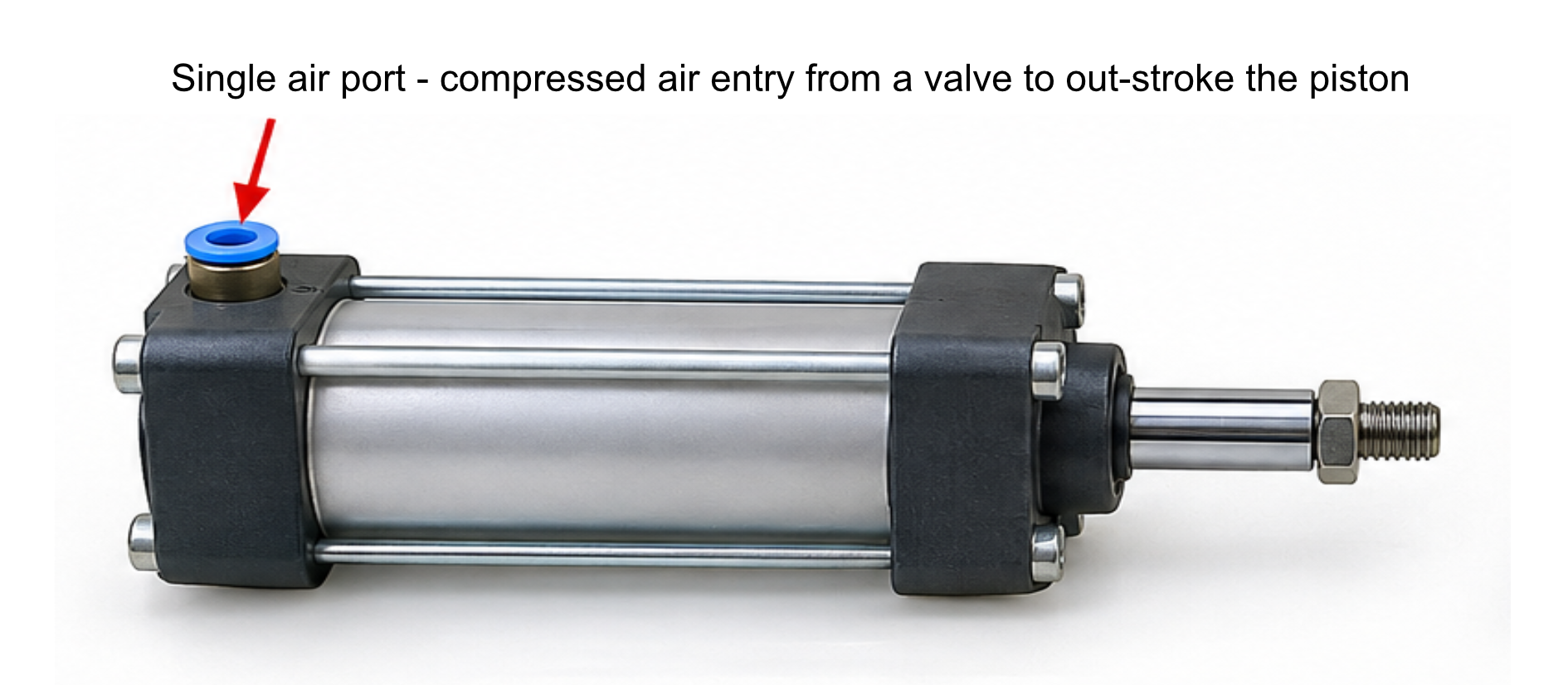 Photograph of a single acting cylinder, labelled: single air port — compressed air entry from a valve to out-stroke the piston
