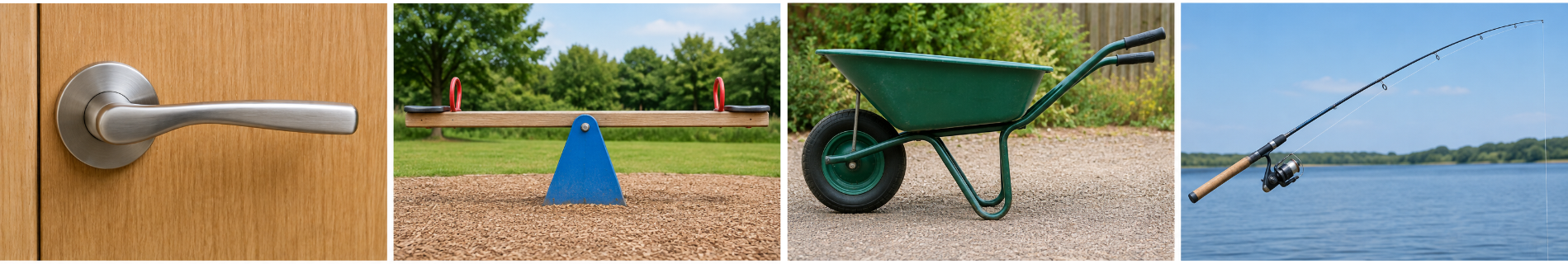 Four levers: a door handle, a seesaw, a wheelbarrow and a fishing rod
